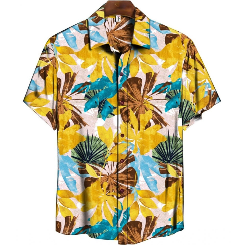 Generic Men's Casual Floral Printed Cotton Blend Unstitched Shirt Fabric 1.6 Mtrs (Yellow) Main image