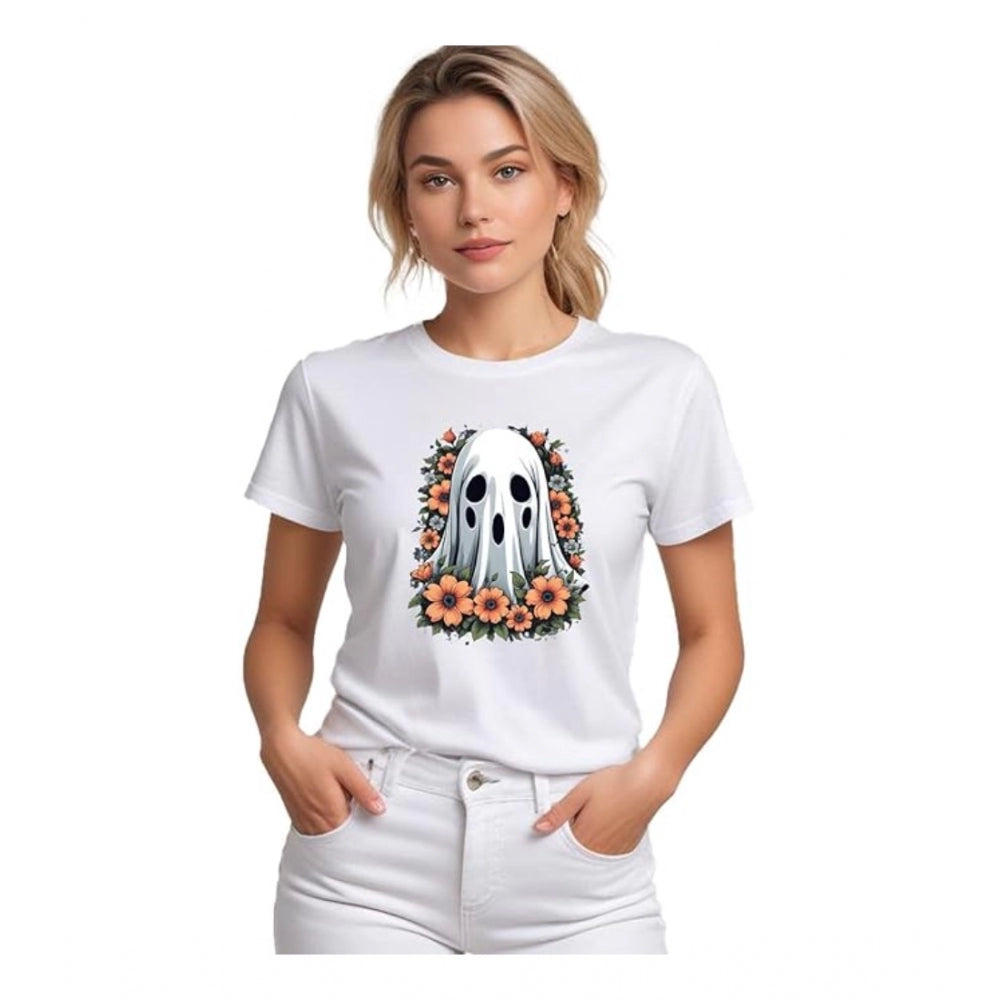 Generic Women's Polyester Solid Printed Round Neck Half Sleeve T-shirt (White) Main image