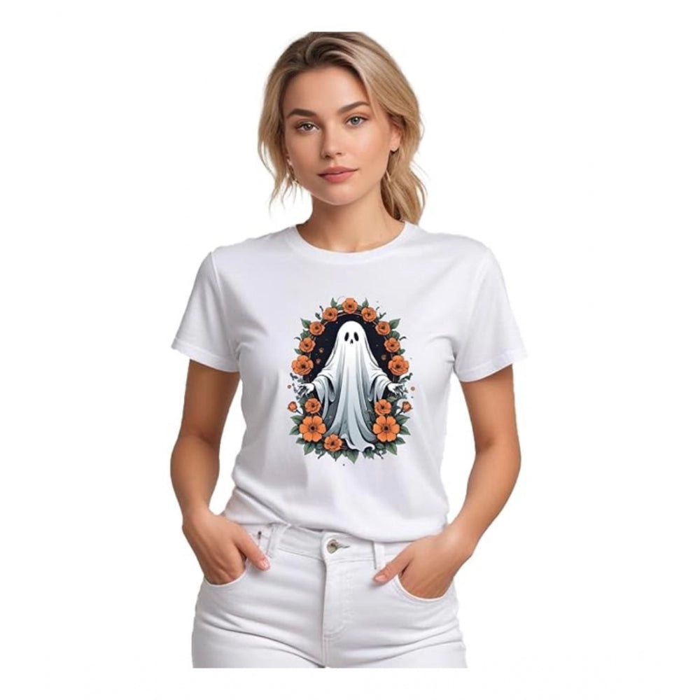 Generic Women's Polyester Solid Printed Round Neck Half Sleeve T-shirt (White) Main image