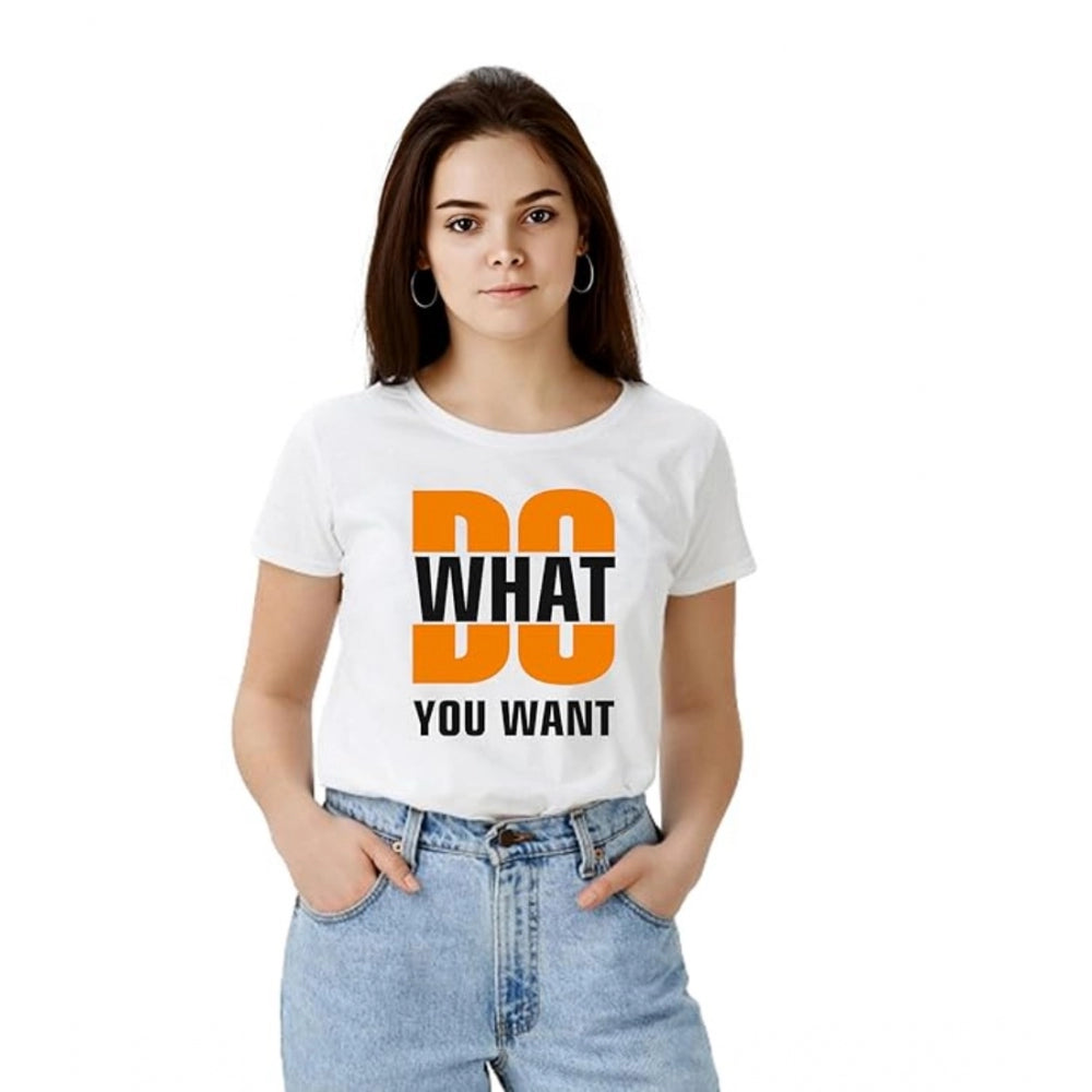 Generic Women's Polyester Solid Printed Round Neck Half Sleeve T-shirt (White) Main image