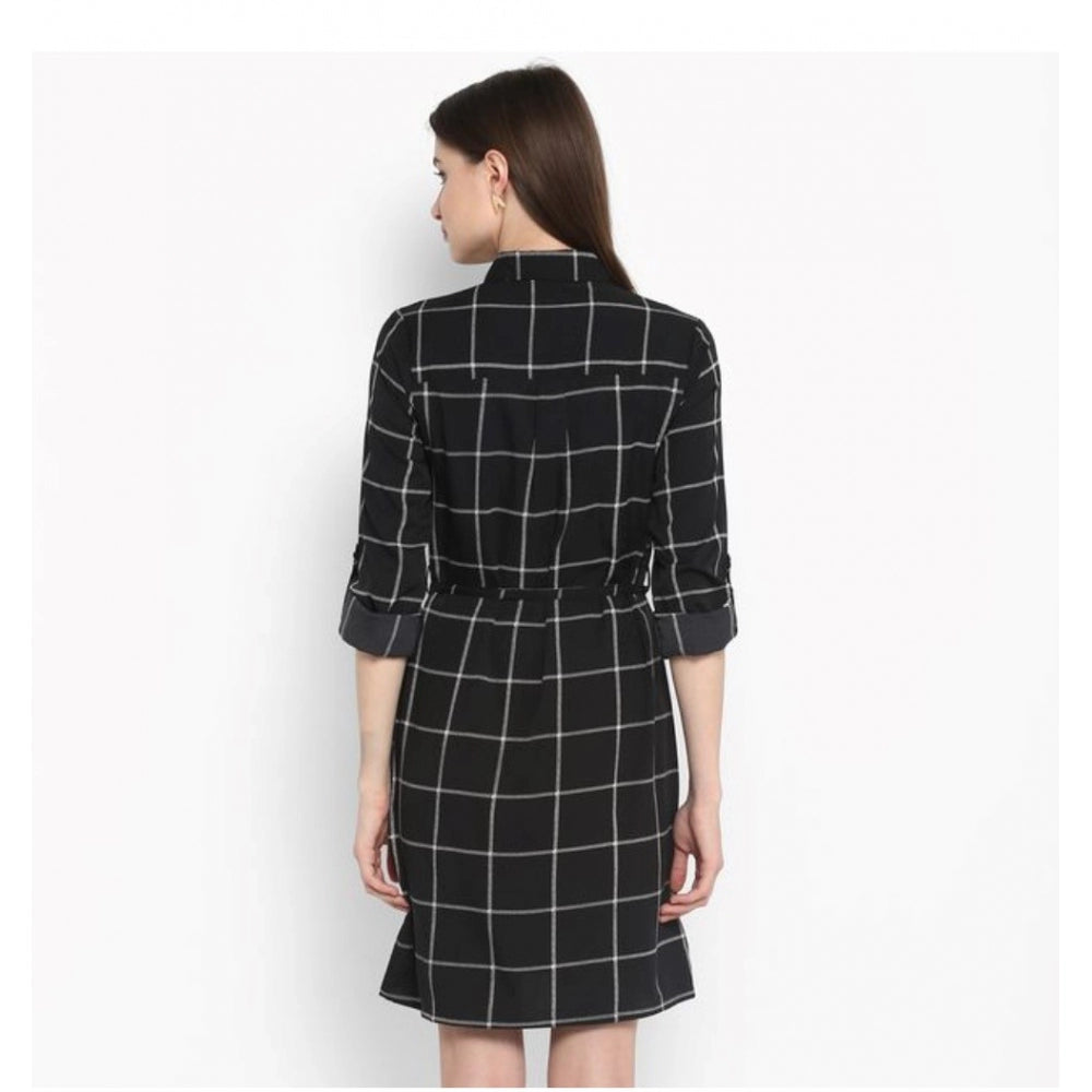 Generic Women's Polyester Checkered Roll Up Sleeve Above Knee Dress (Black - White) Secondary image