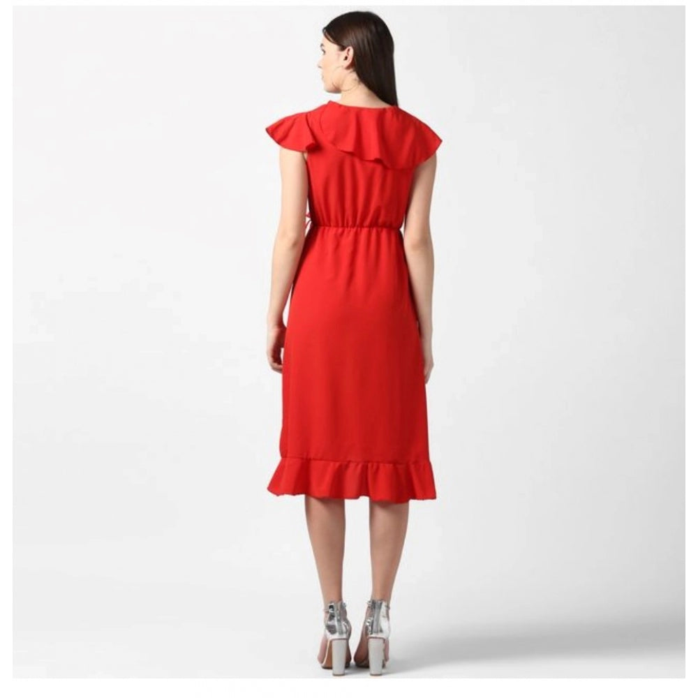 Generic Women's Polyester Ruffled Cap Sleeve Knee-Length Dress (Red) Secondary image