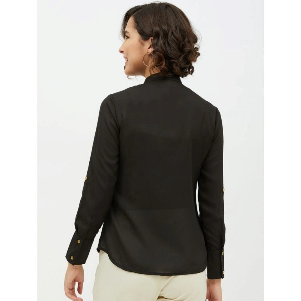 Generic Women's Polyester Ruffled Long Sleeves Standard Length Shirt (Black) Secondary image