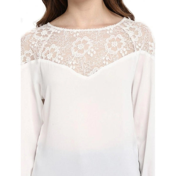 Generic Women's Polyester Georgette Self Design 3-4th Sleeves Regular Top (White)