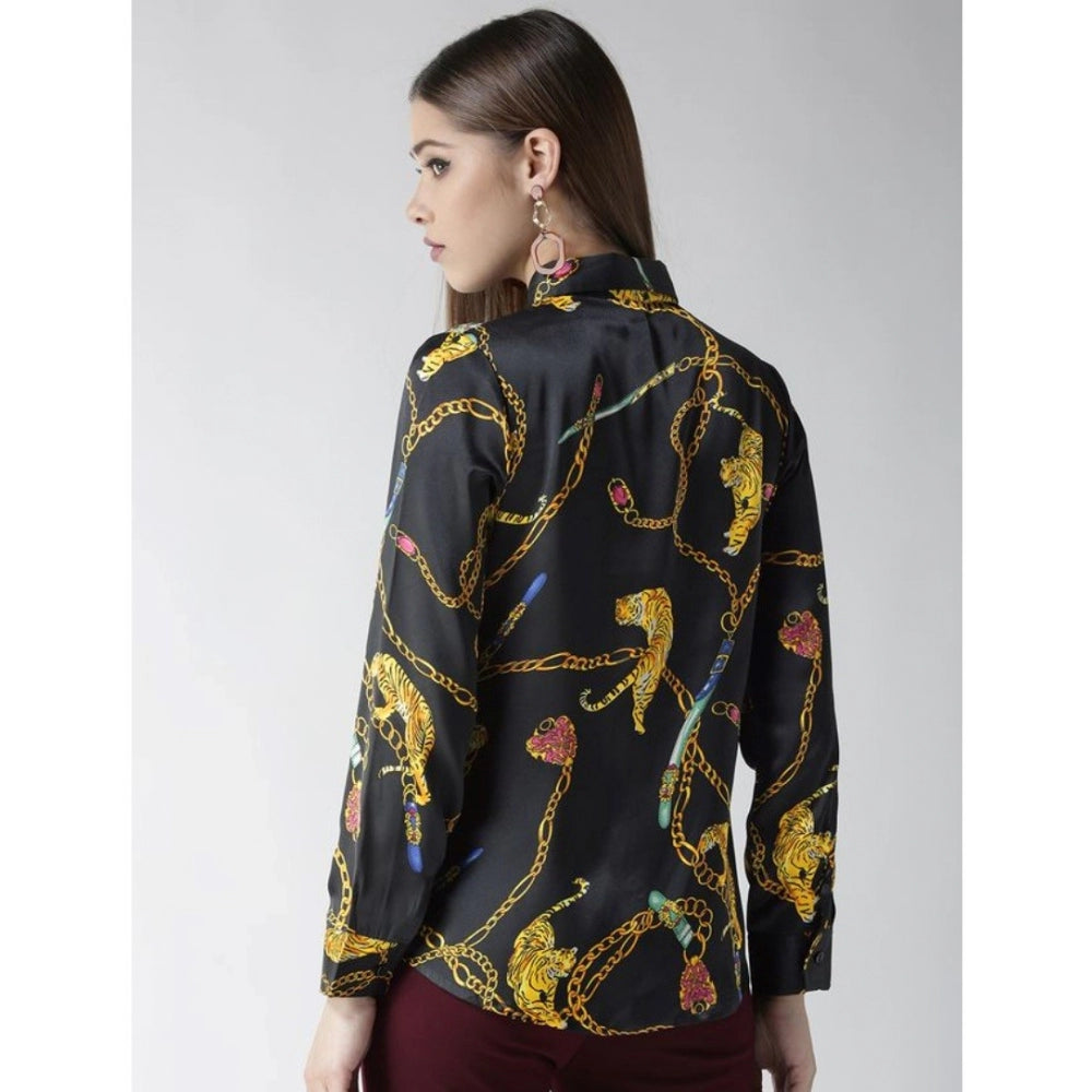 Generic Women's Satin Printed Long Sleeves Standard Length Shirt (Black - Gold) Secondary image