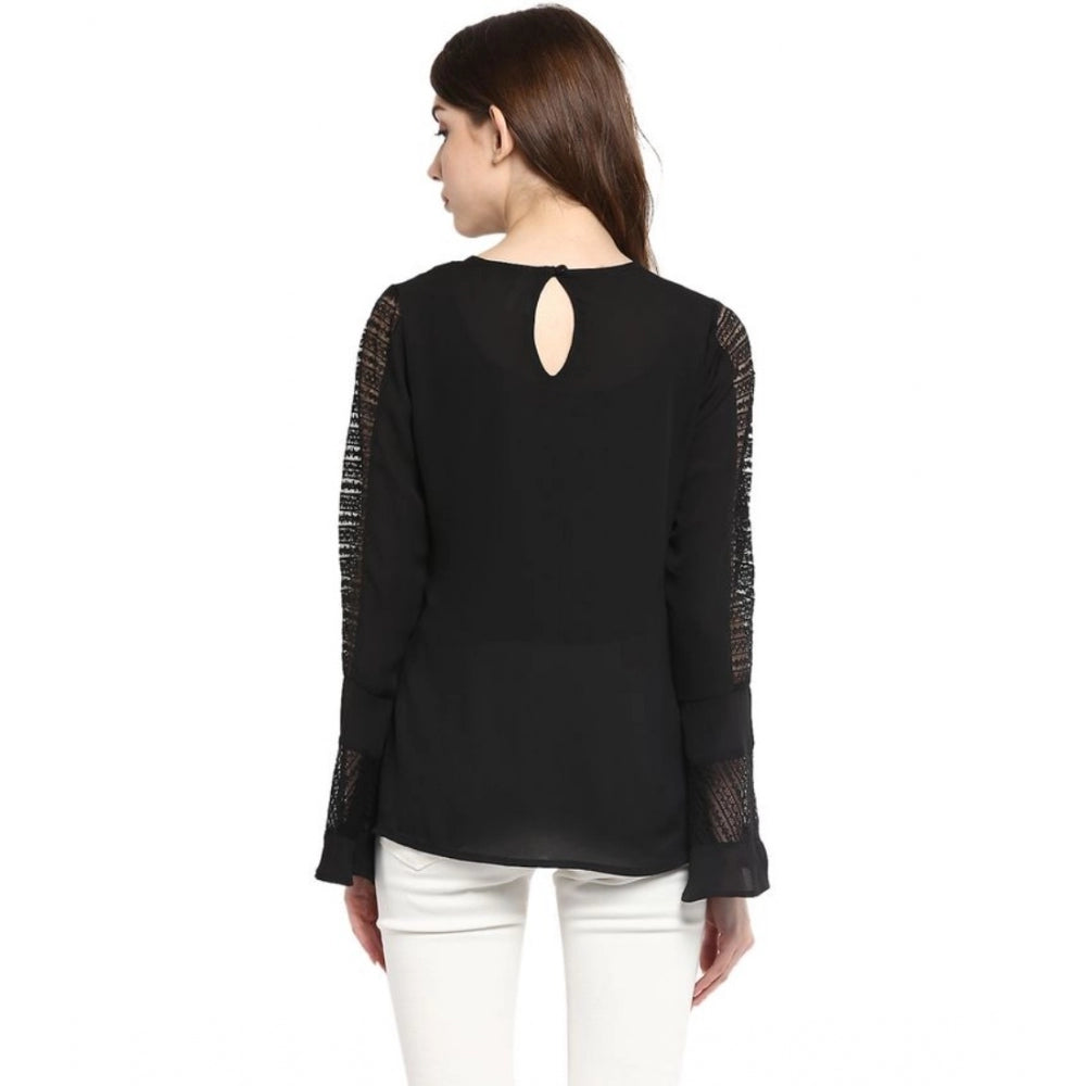 Generic Women's Polyester Georgette Self Design Bell Sleeve Regular Top (Black) Secondary image