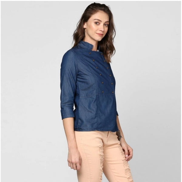 Generic Women's Denim Solid 3-4th Sleeves Top (Blue)