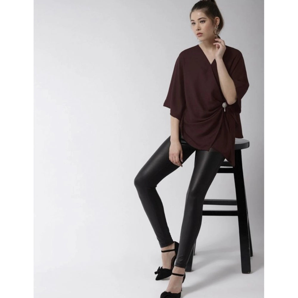 Generic Women's Polyester Solid Cape Sleeve Top (Maroon) Secondary image