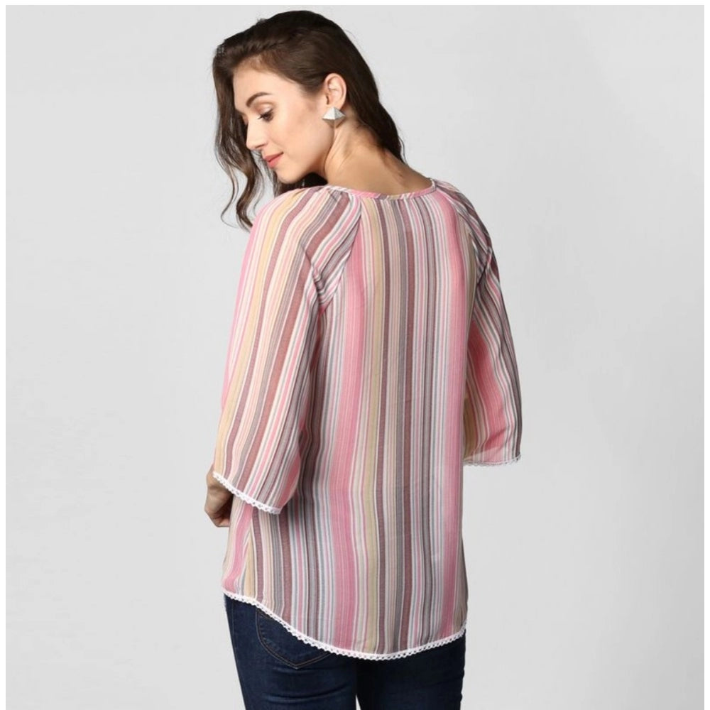 Generic Women's Polyester Striped 3-4th Sleeves Top (Pink) Secondary image