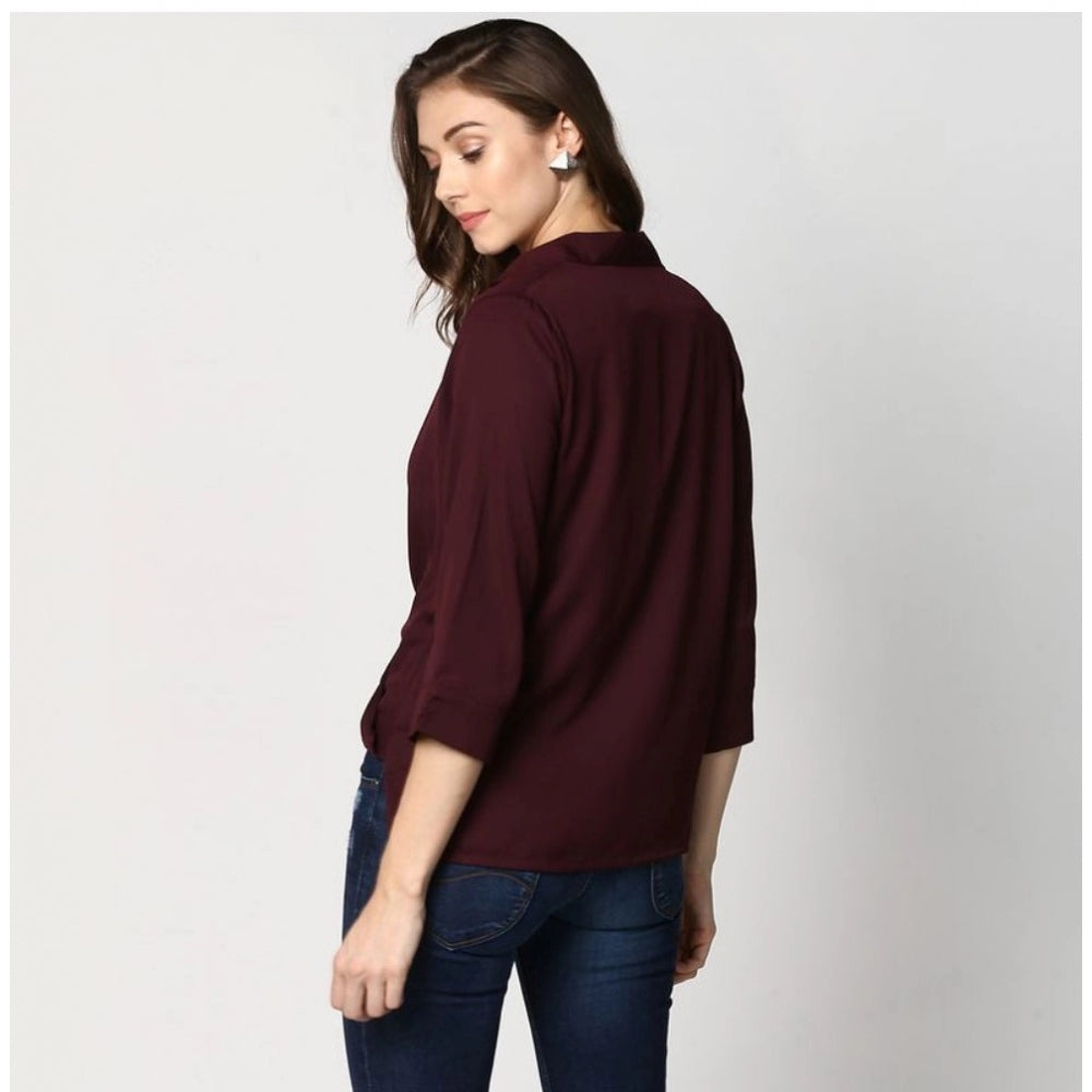 Generic Women's Polyester Solid 3-4th Sleeves Top (Maroon) Secondary image