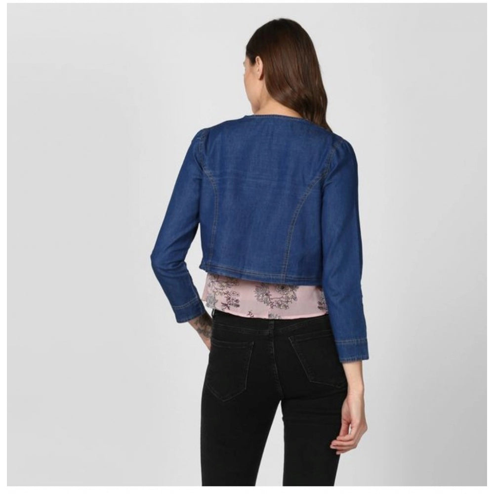 Generic Women's Denim Ruffled Long Sleeves Shrug (Navy Blue) Secondary image