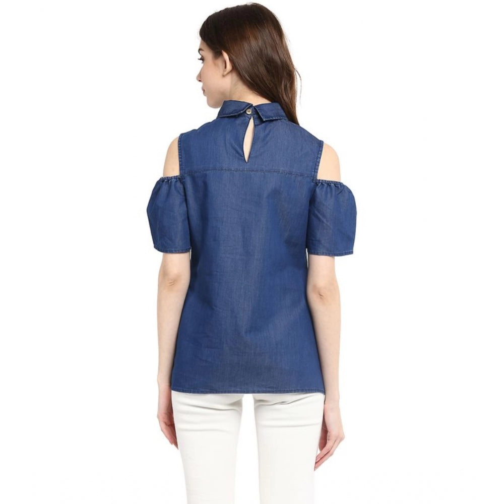 Generic Women's Denim Solid Cold Shoulder Regular Top (Blue) Secondary image