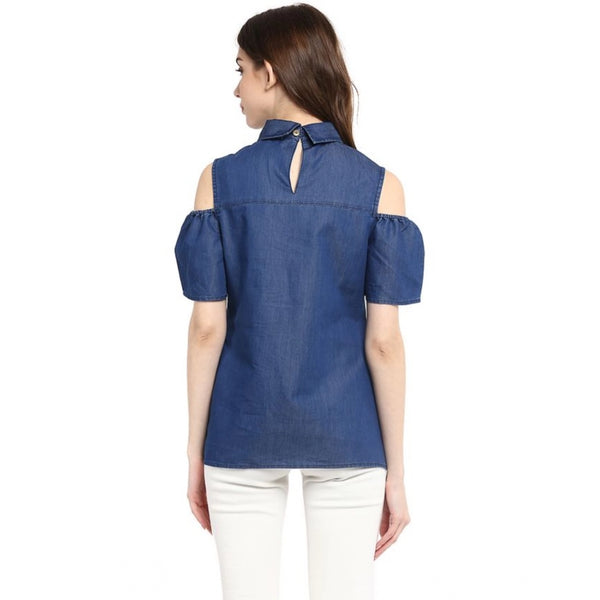 Generic Women's Denim Solid Cold Shoulder Regular Top (Blue)