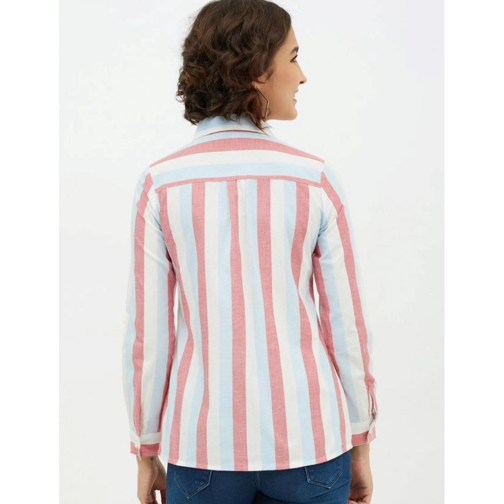 Generic Women's Cotton Striped Long Sleeves Standard Length Shirt (Pink) Secondary image