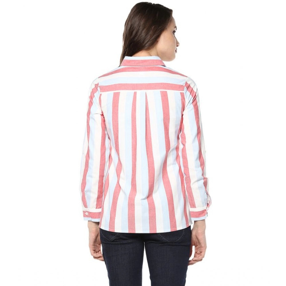 Generic Women's Cotton Striped Roll Up Sleeve Regular Top (Red) Secondary image