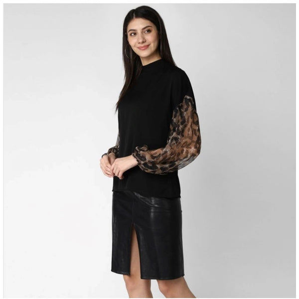 Generic Women's Polyester Animal Print Long Sleeves Top (Black)