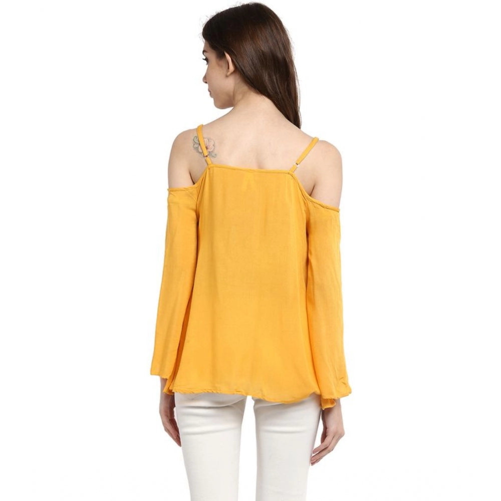 Generic Women's Rayon Embellished Cold Shoulder Regular Top (Mustard Yellow) Secondary image