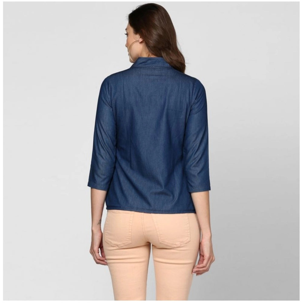 Generic Women's Denim Solid 3-4th Sleeves Top (Blue) Secondary image