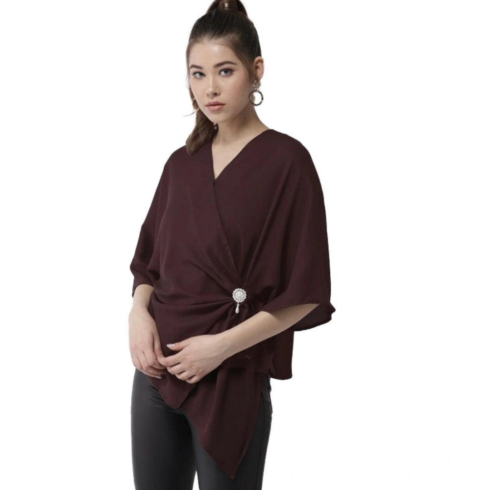 Generic Women's Polyester Solid Cape Sleeve Top (Maroon) Main image