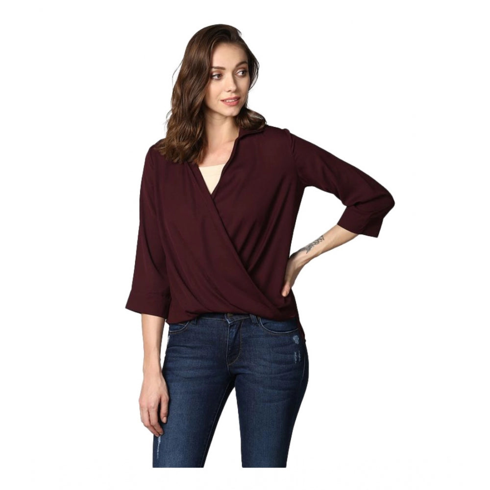Generic Women's Polyester Solid 3-4th Sleeves Top (Maroon) Main image