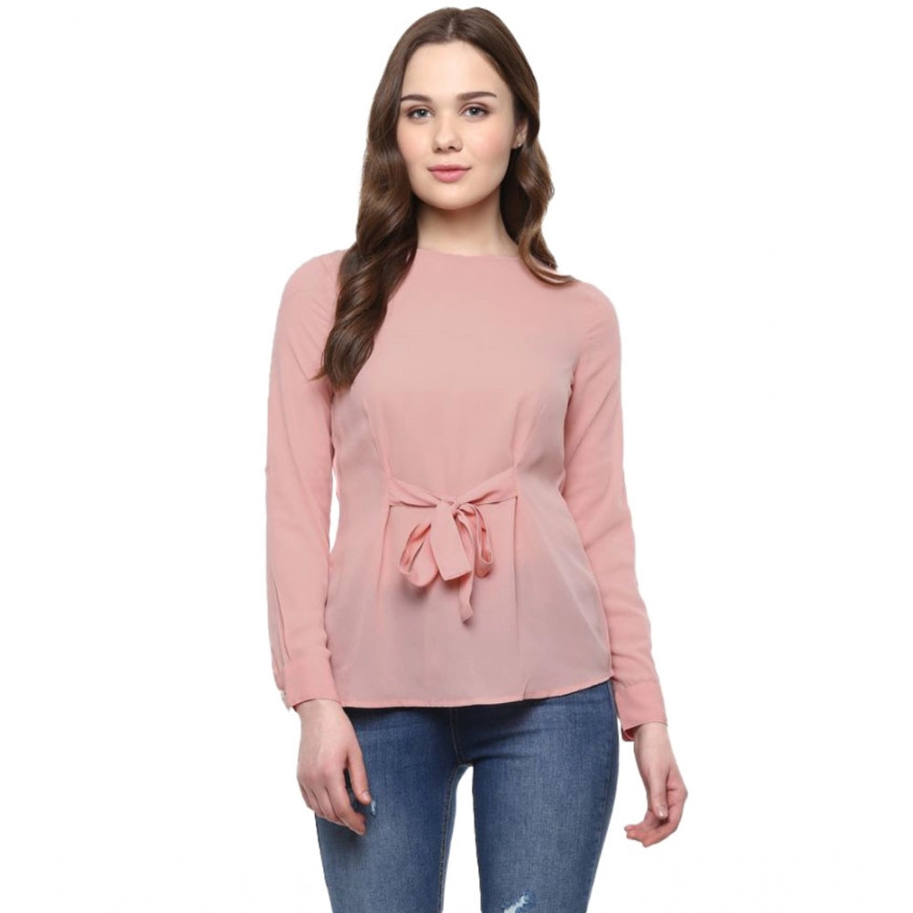 Generic Women's Polyester Solid Long Sleeves Regular Top (Pink) Main image