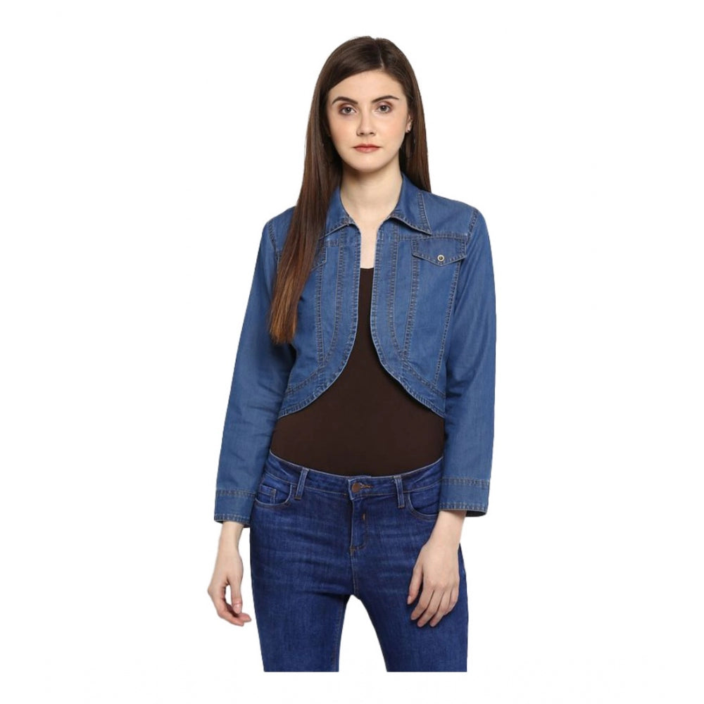 Generic Women's Denim Solid 3-4th Sleeves Shrug (Blue) Main image