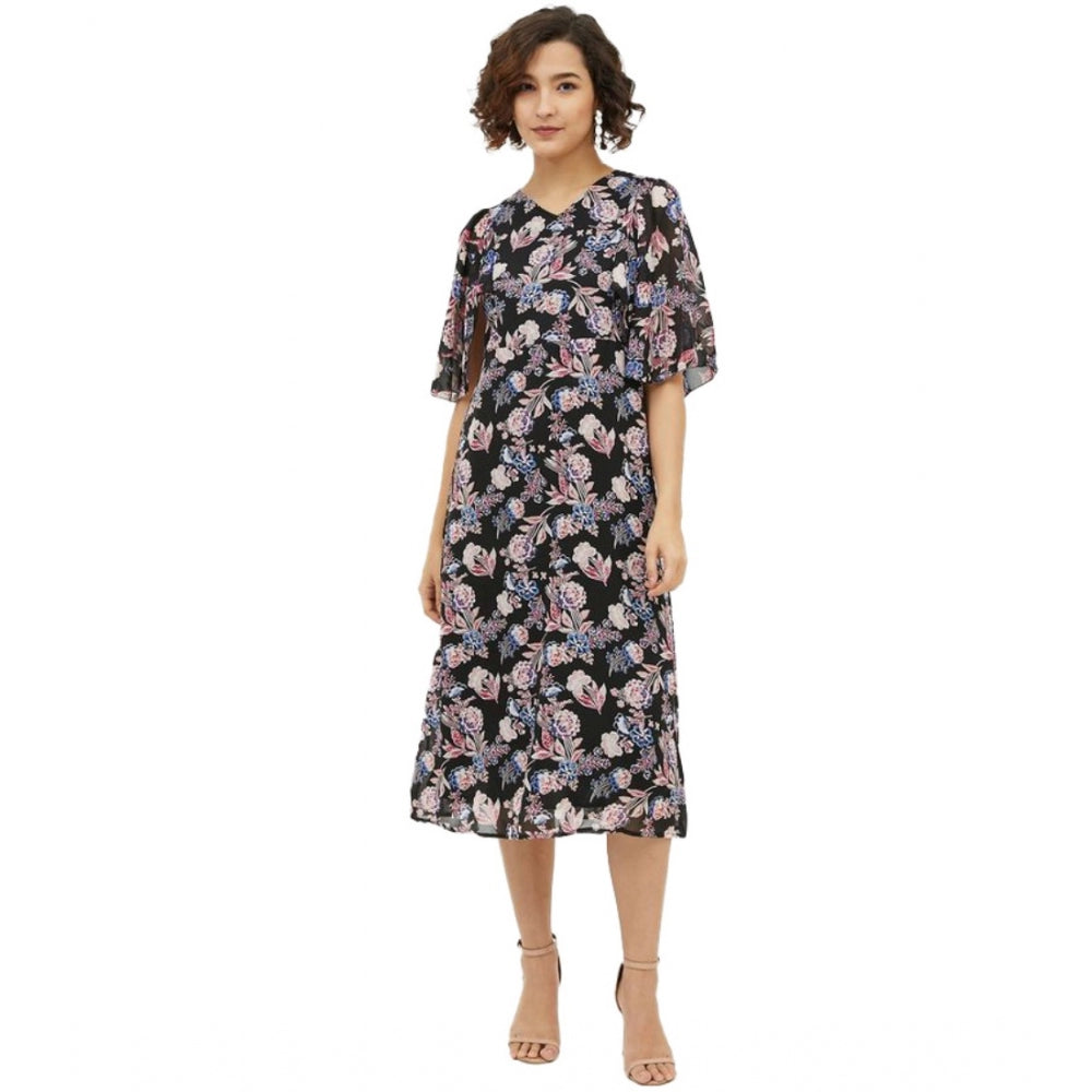 Generic Women's Polyester Chain Print Cap Sleeve Calf-length Dress (Multicolor) Main image