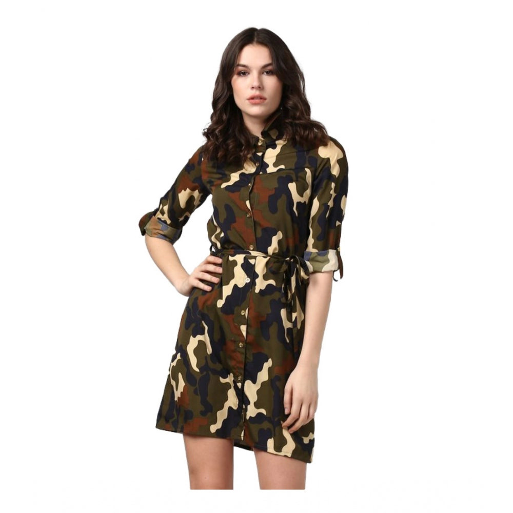 Generic Women's Polyester Printed Roll Up Sleeve Tunic Top (Green - Black) Main image