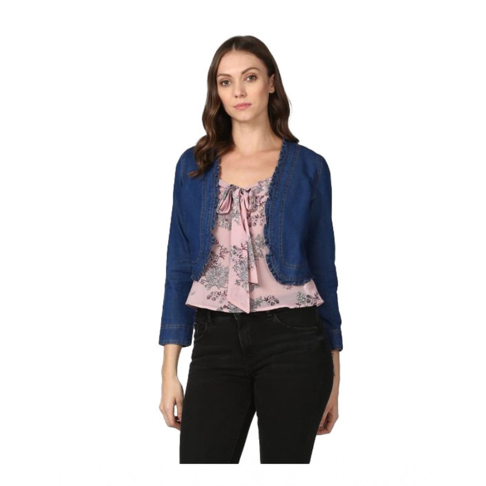 Generic Women's Denim Ruffled Long Sleeves Shrug (Navy Blue) Main image
