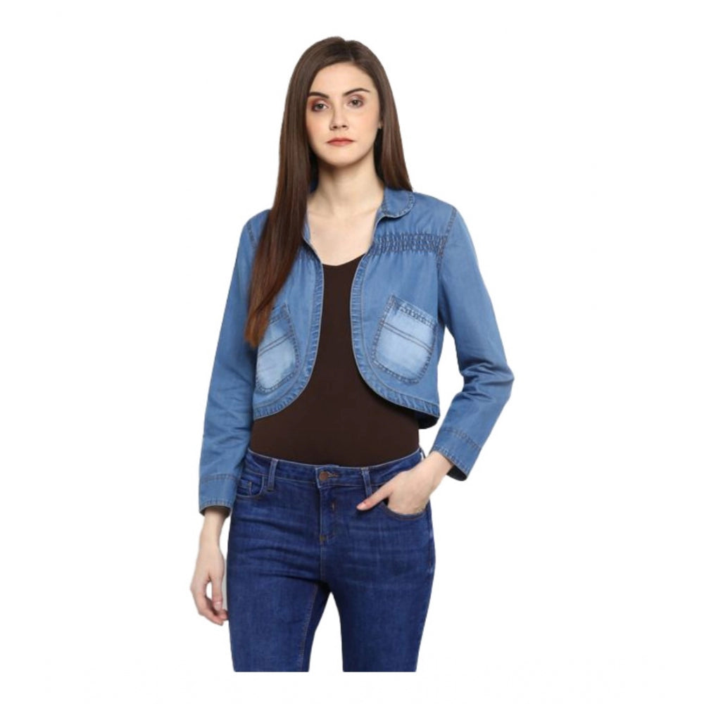 Generic Women's Denim Smocking 3-4th Sleeves Shrug (Blue) Main image