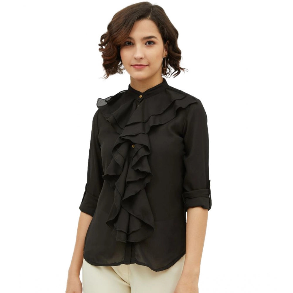 Generic Women's Polyester Ruffled Long Sleeves Standard Length Shirt (Black) Main image