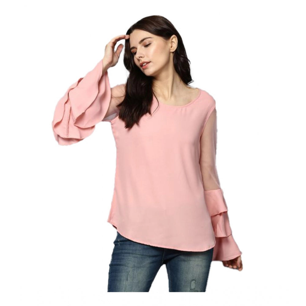 Generic Women's Polyester Solid Tier Sleeve Top (Pink) Main image