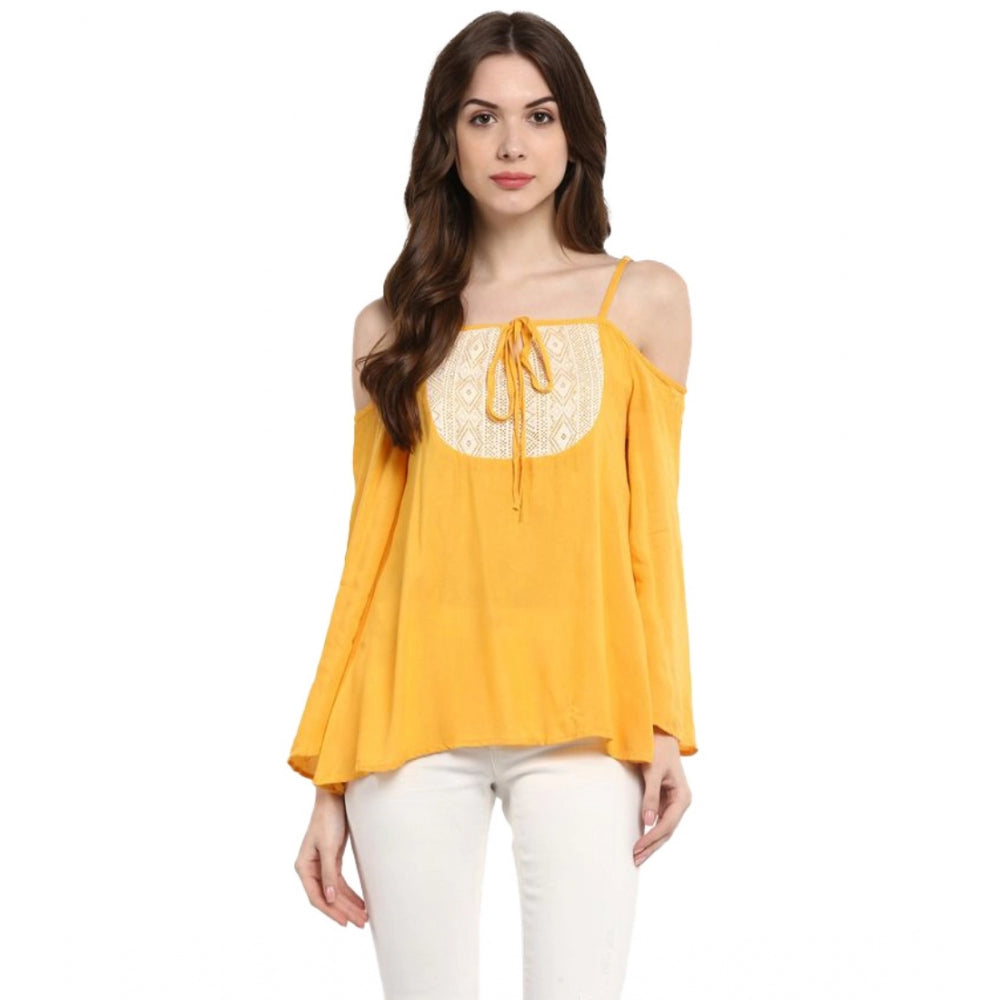 Generic Women's Rayon Embellished Cold Shoulder Regular Top (Mustard Yellow) Main image