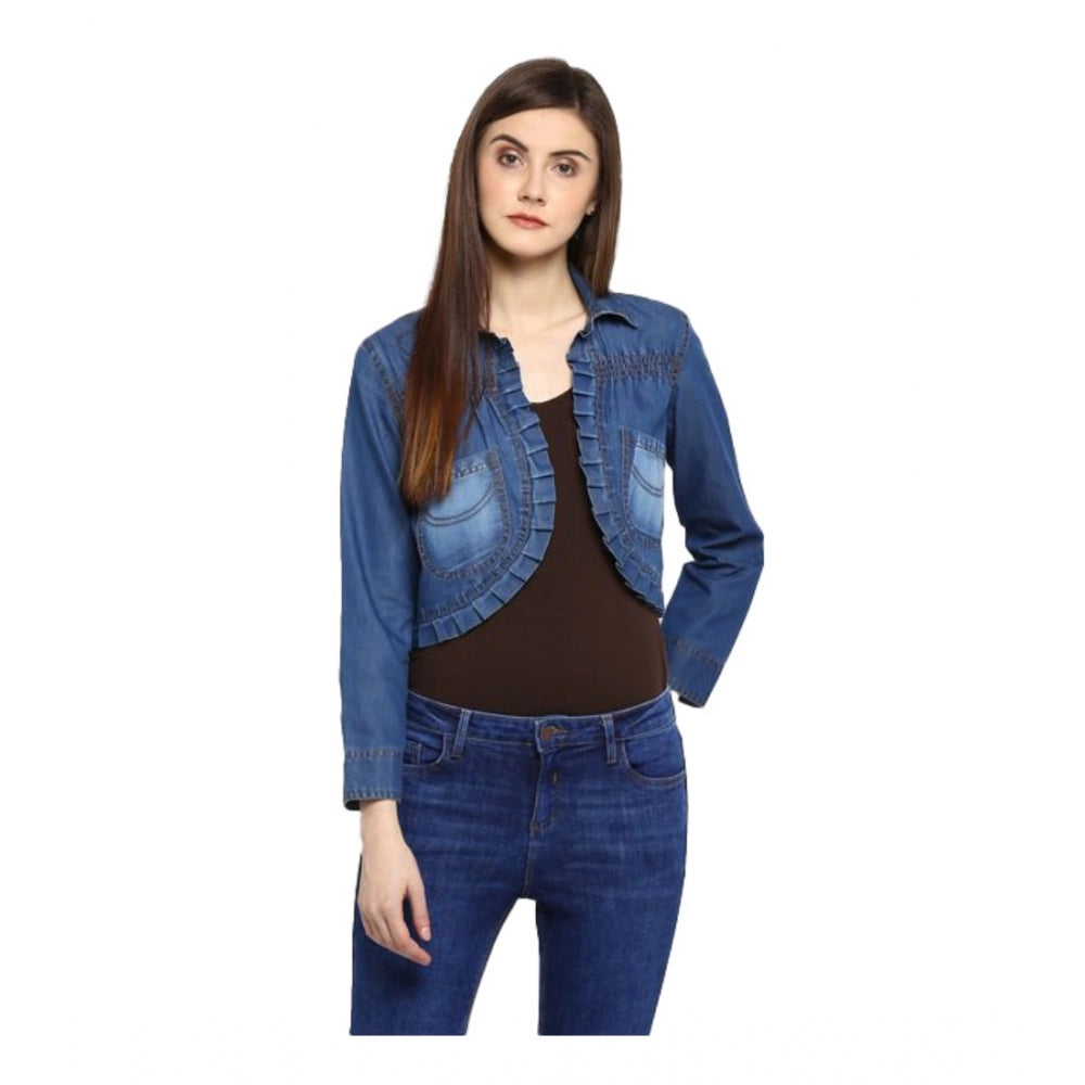 Generic Women's Denim Pleated 3-4th Sleeves Shrug (Blue) Main image