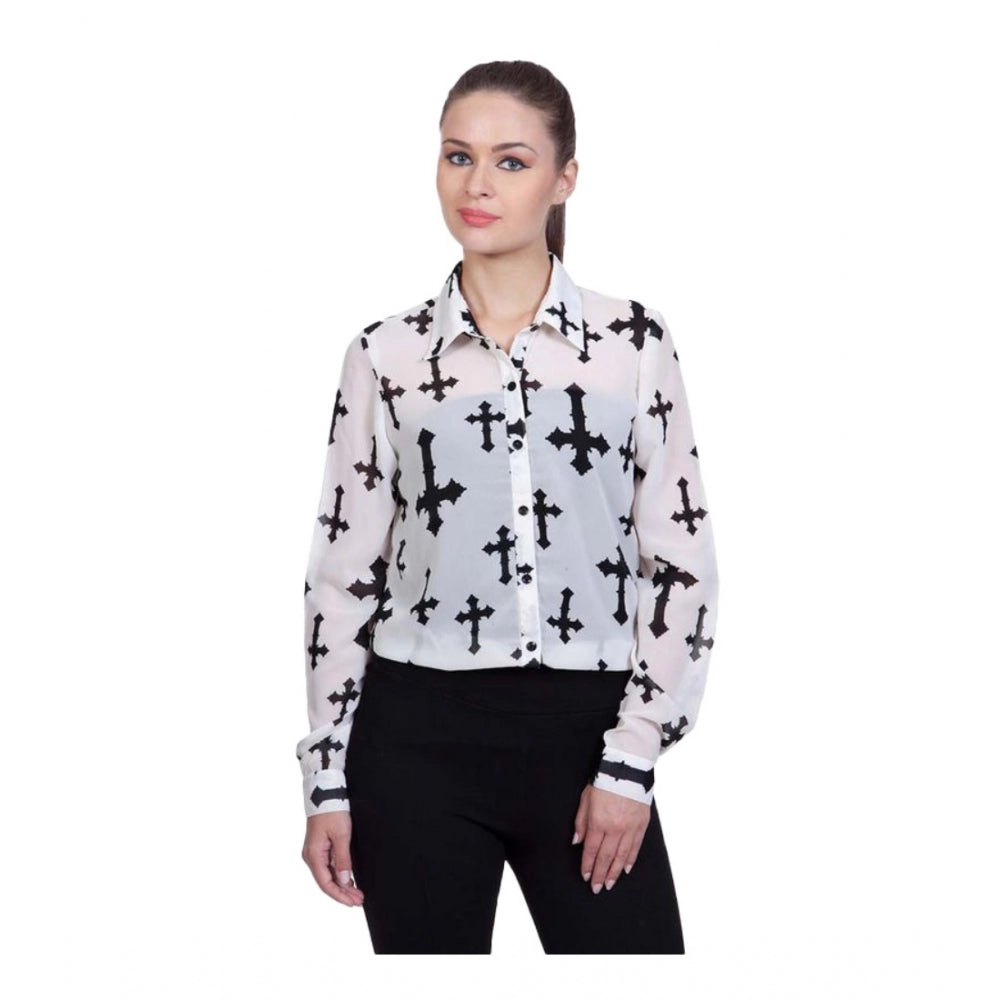 Generic Women's Polyester Printed Long Sleeves Standard Length Shirt (White) Main image