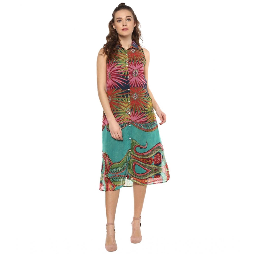 Generic Women's Polyester Floral Sleeveless Below Knee Dress (Multicolor) Main image