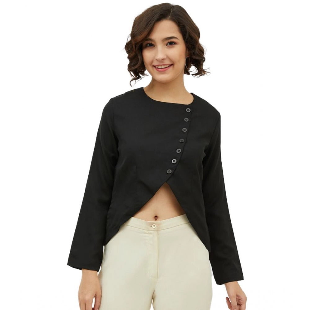 Generic Women's Polyester Asymmetrical Long Sleeves Top (Black) Main image