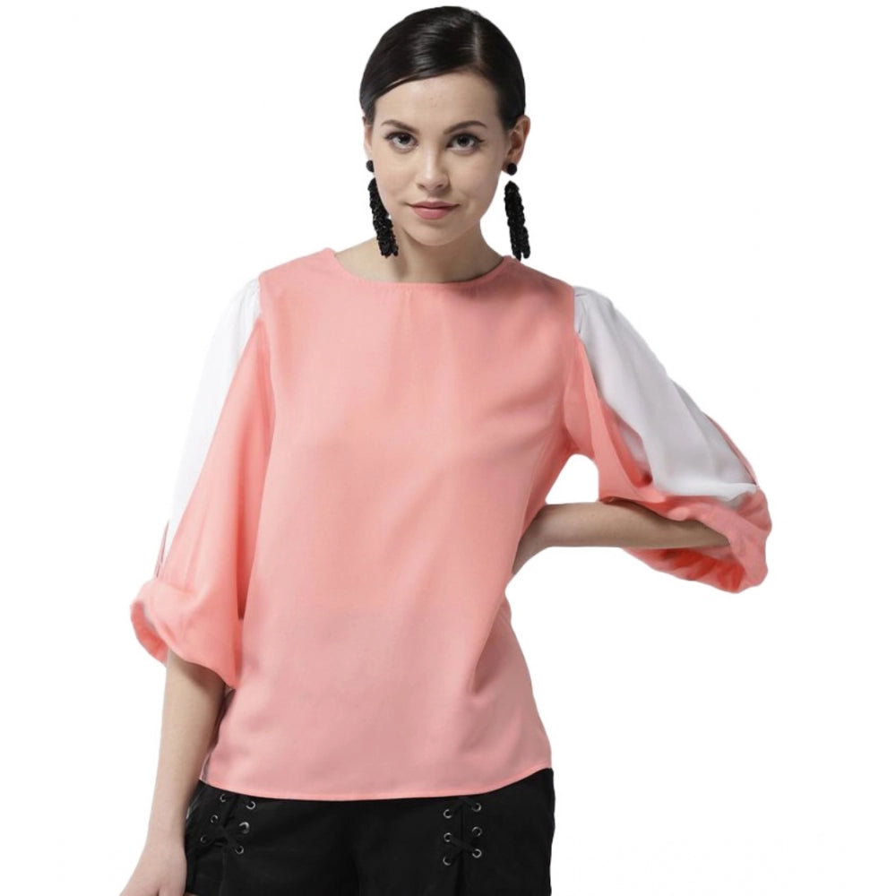 Generic Women's Polyester Colour Block Slit Sleeve Top (Pink) Main image