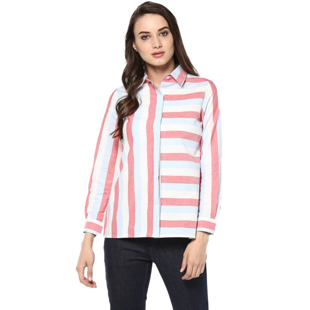 Generic Women's Cotton Striped Roll Up Sleeve Regular Top (Red) Main image