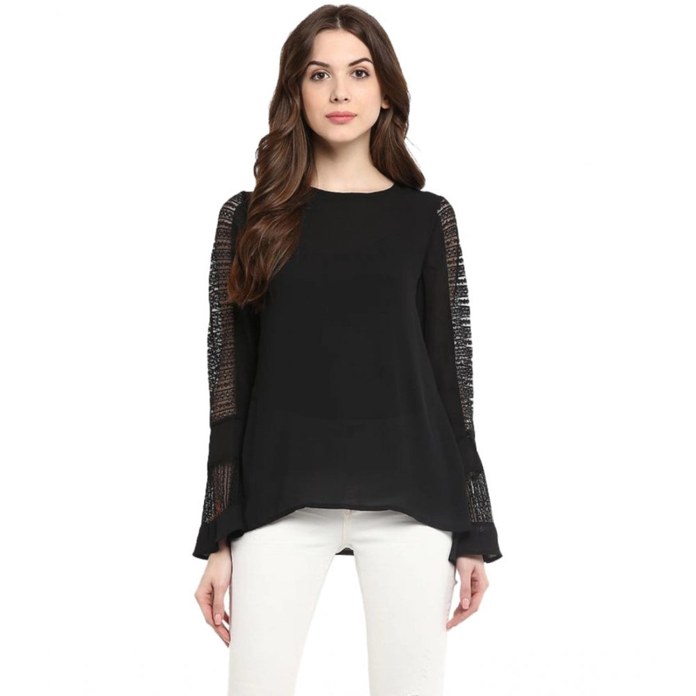 Generic Women's Polyester Georgette Self Design Bell Sleeve Regular Top (Black) Main image