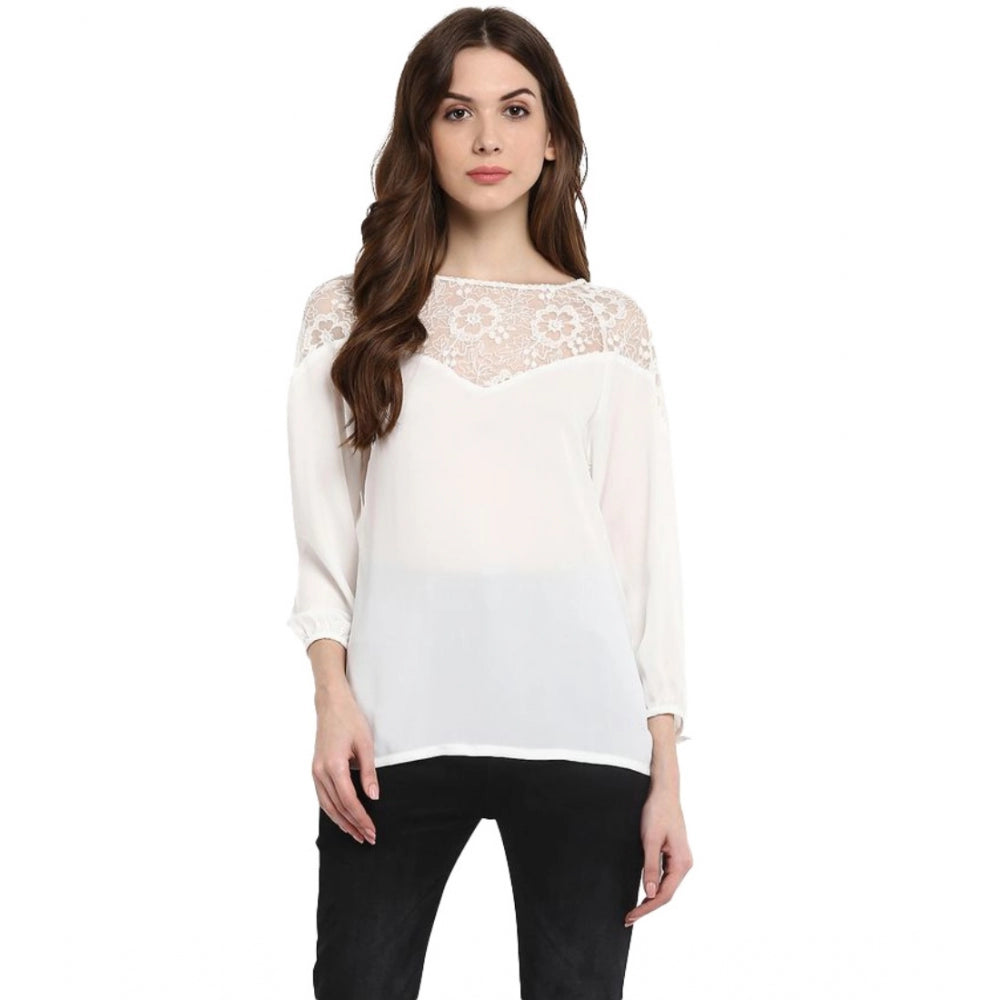 Generic Women's Polyester Georgette Self Design 3-4th Sleeves Regular Top (White) Main image
