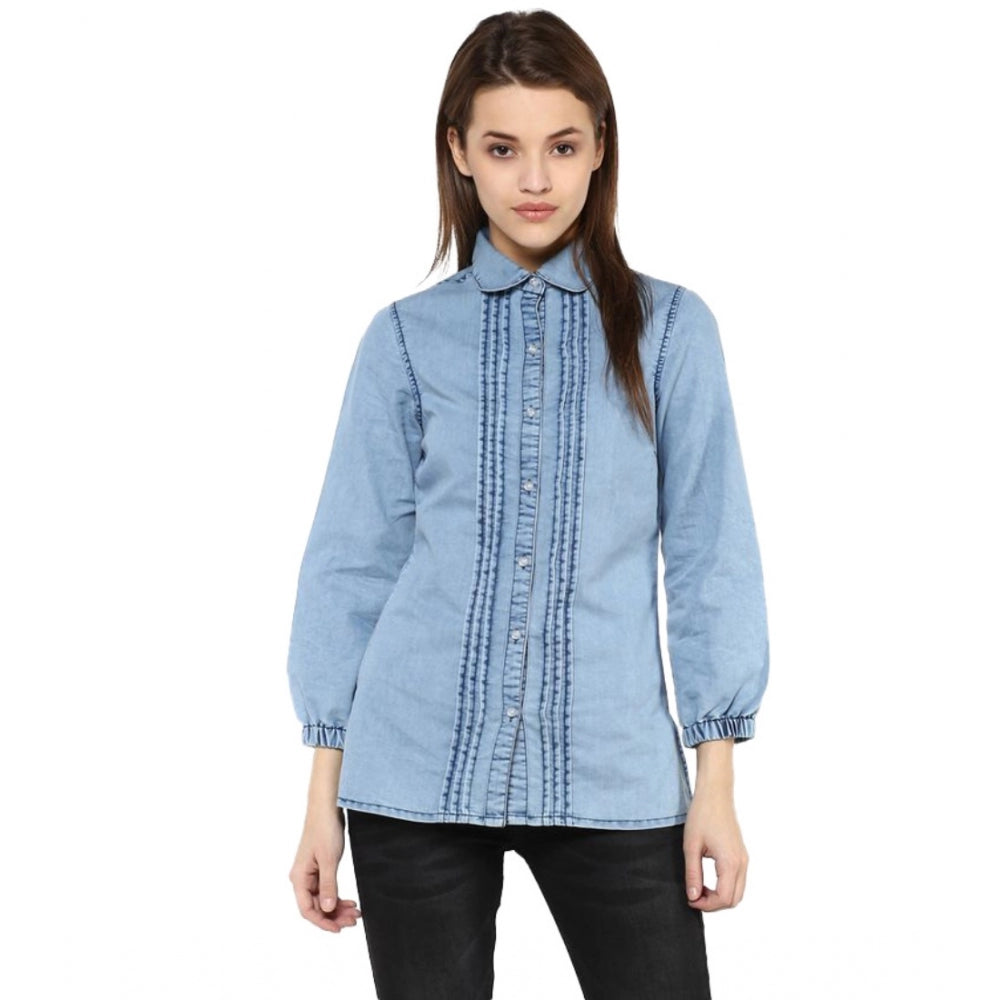 Generic Women's Denim Solid 3-4th Sleeves Standard Length Shirt (Blue) Main image