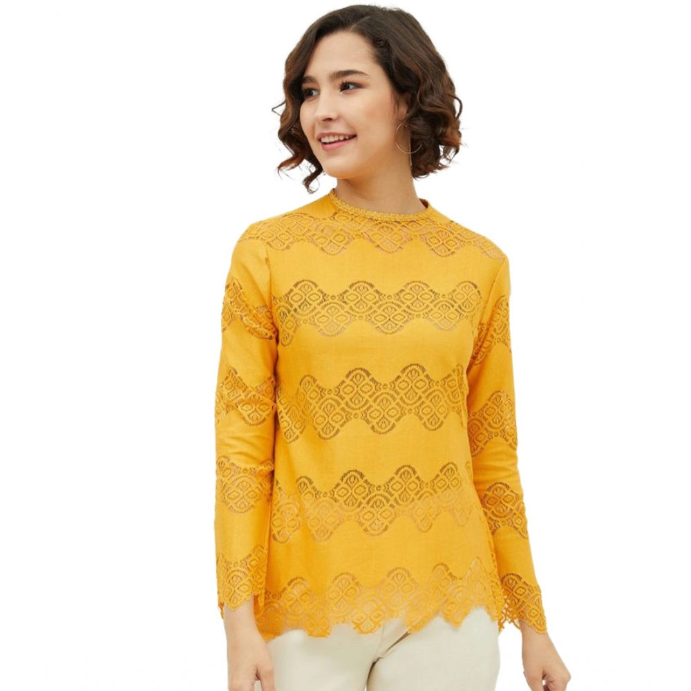 Generic Women's Cotton Lace Inserts Long Sleeves Top (Yellow) Main image
