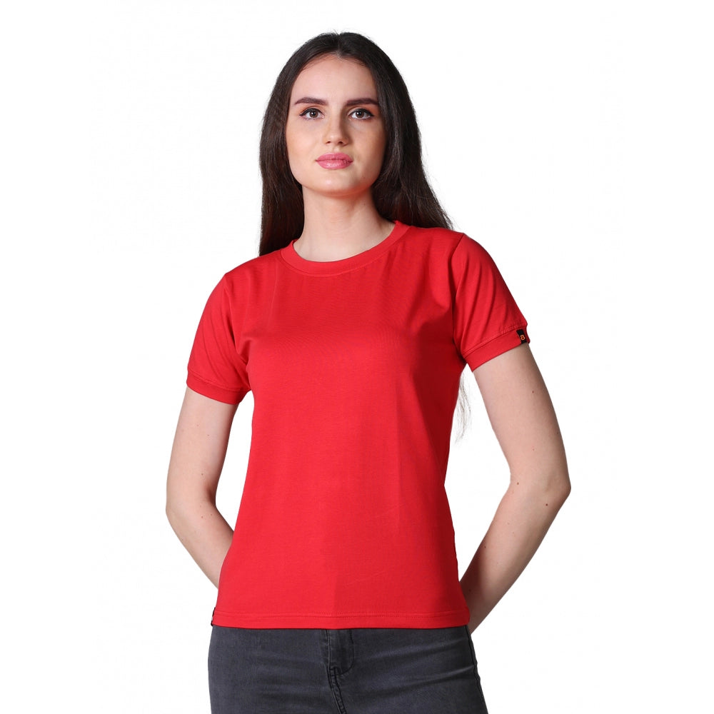 Generic Women's Cotton Blended Solid Round Neck Half Sleeve T-Shirt (Red) Main image