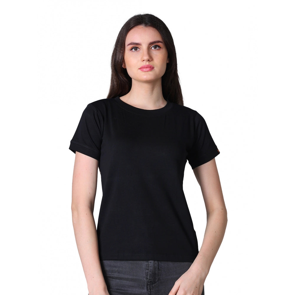 Generic Women's Cotton Blended Solid Round Neck Half Sleeve T-Shirt (Black) Main image