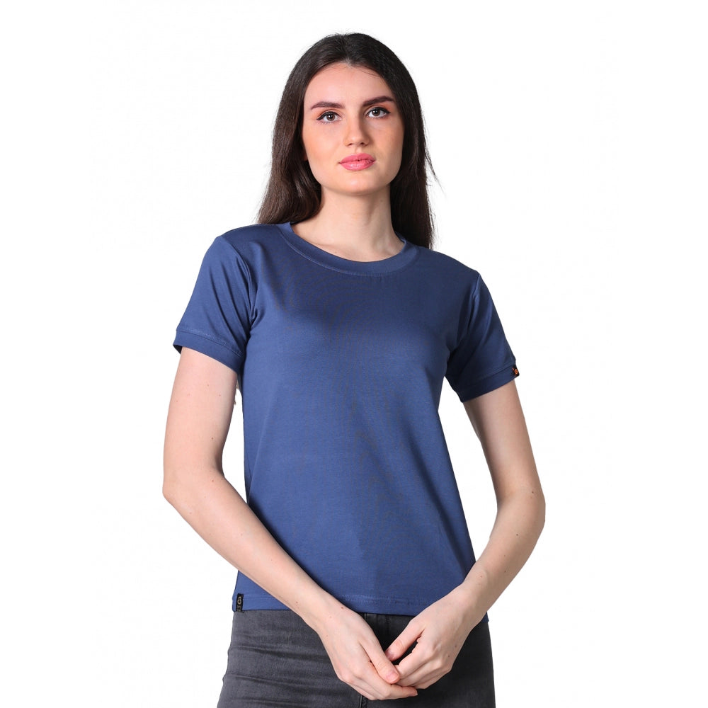 Generic Women's Cotton Blended Solid Round Neck Half Sleeve T-Shirt (Blue) Main image