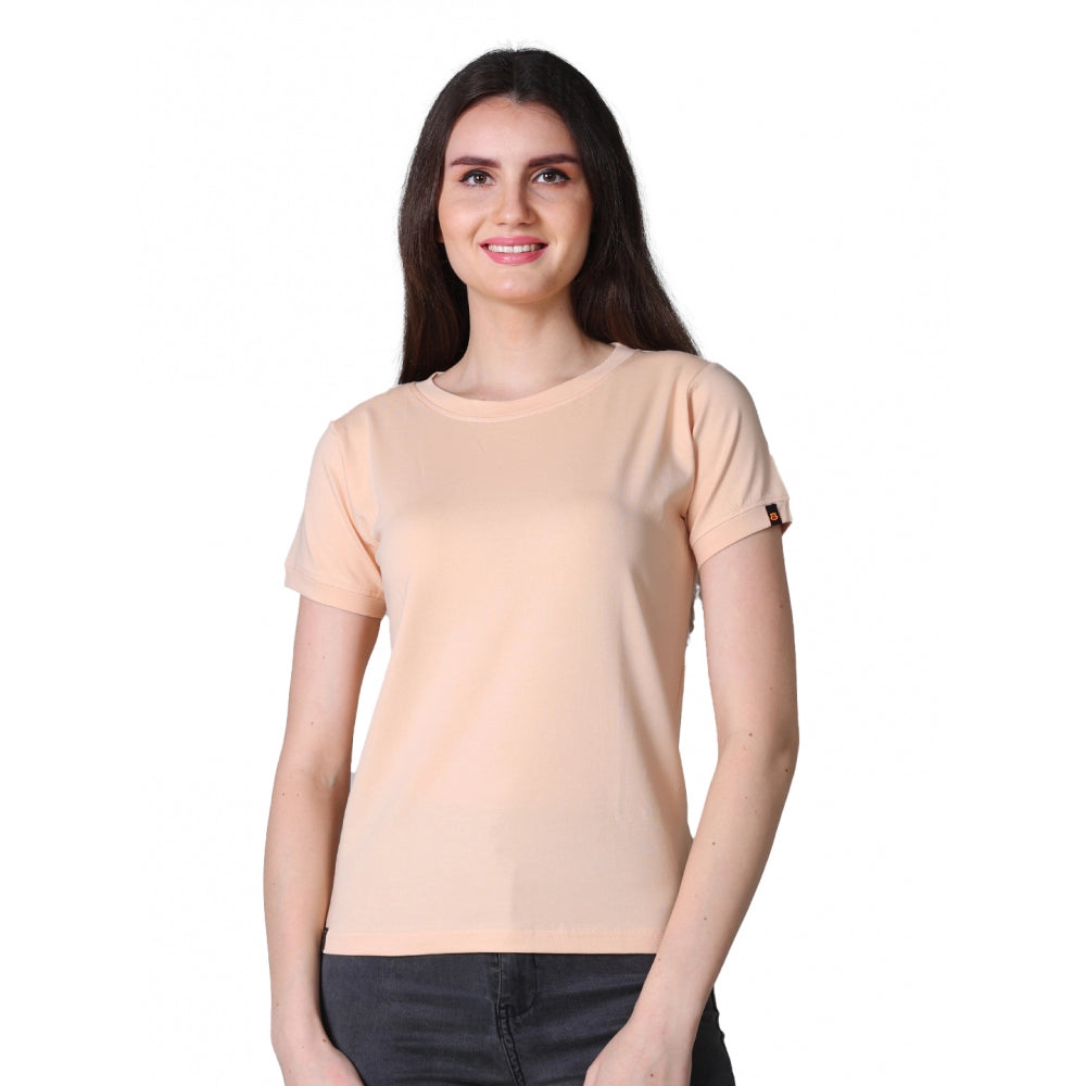 Generic Women's Cotton Blended Solid Round Neck Half Sleeve T-Shirt (Peach) Main image