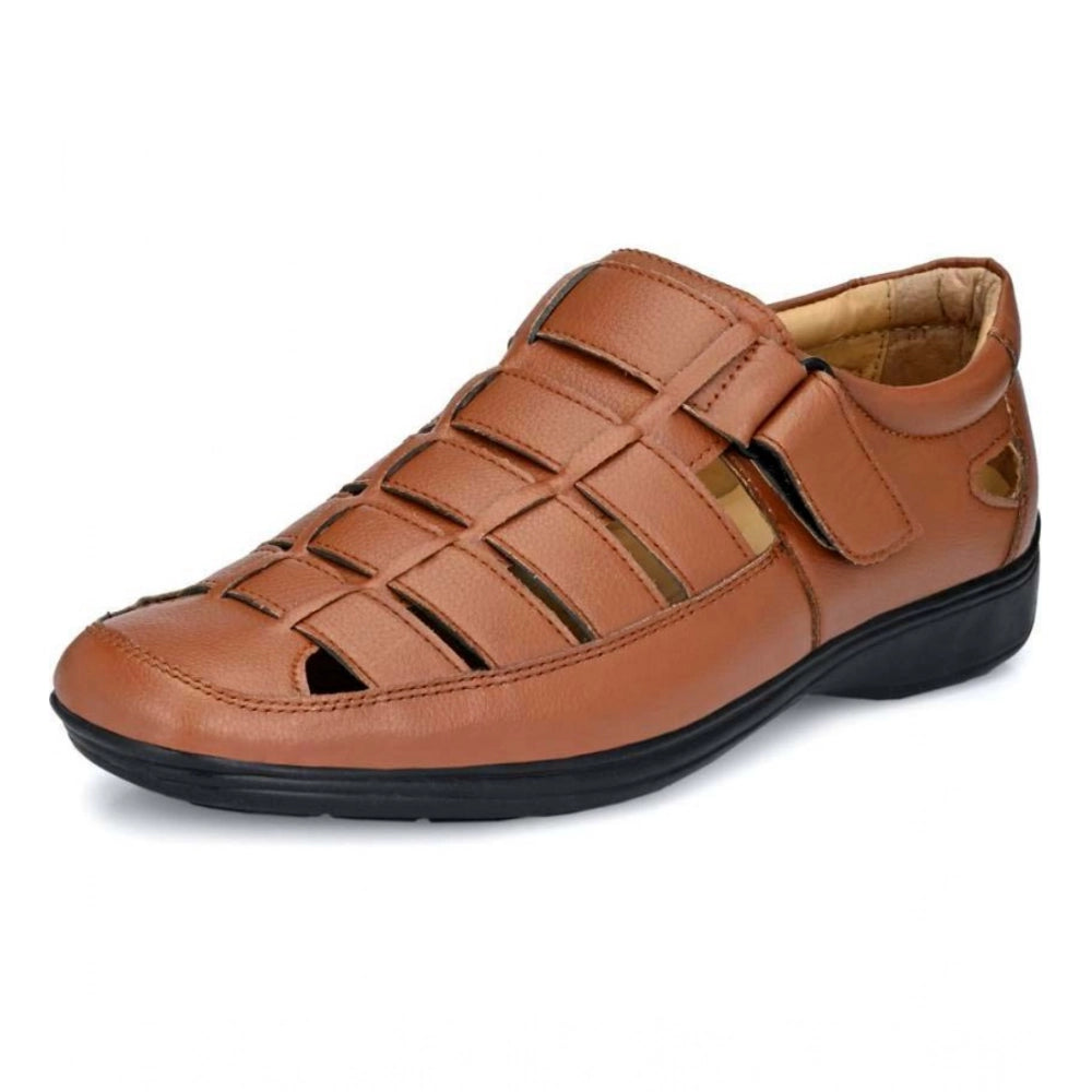 Generic Men's Casual Faux Leather Solid Velcro Sandal (Tan) Secondary image