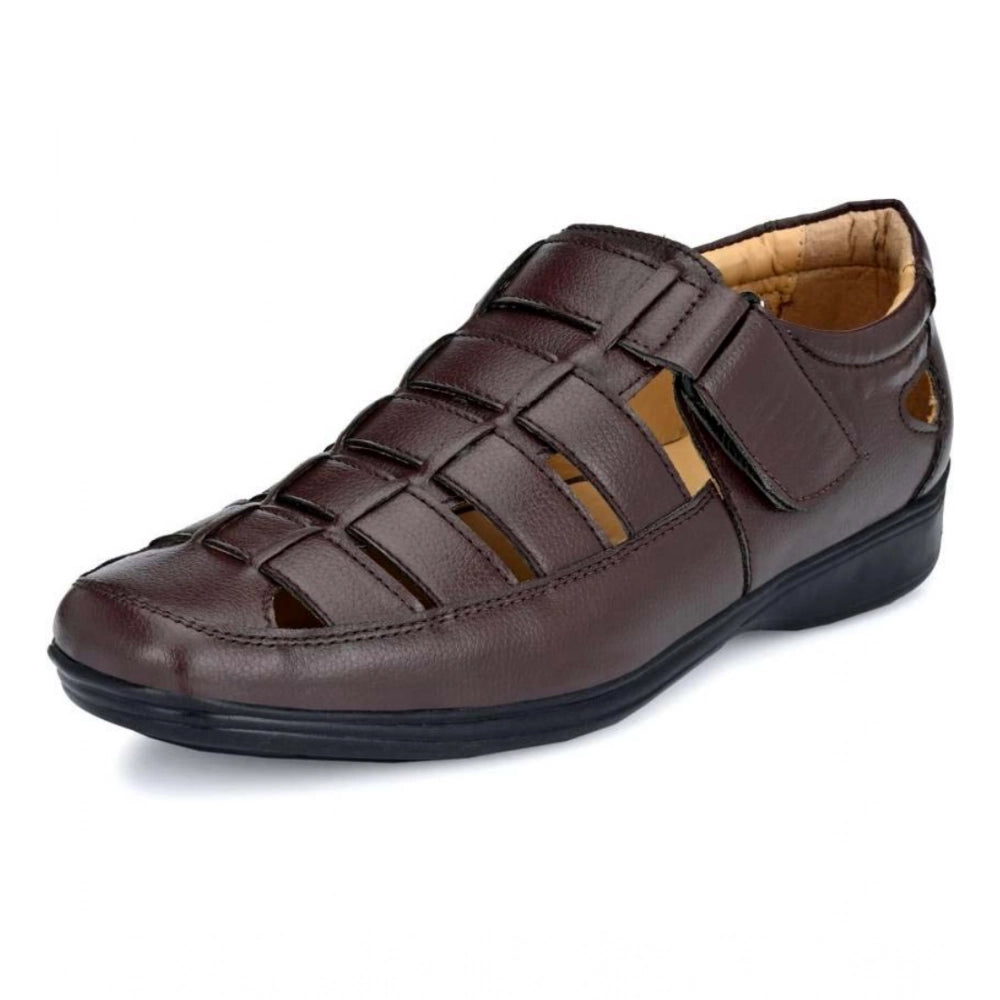 Generic Men's Casual Faux Leather Solid Velcro Sandal (Brown) Secondary image