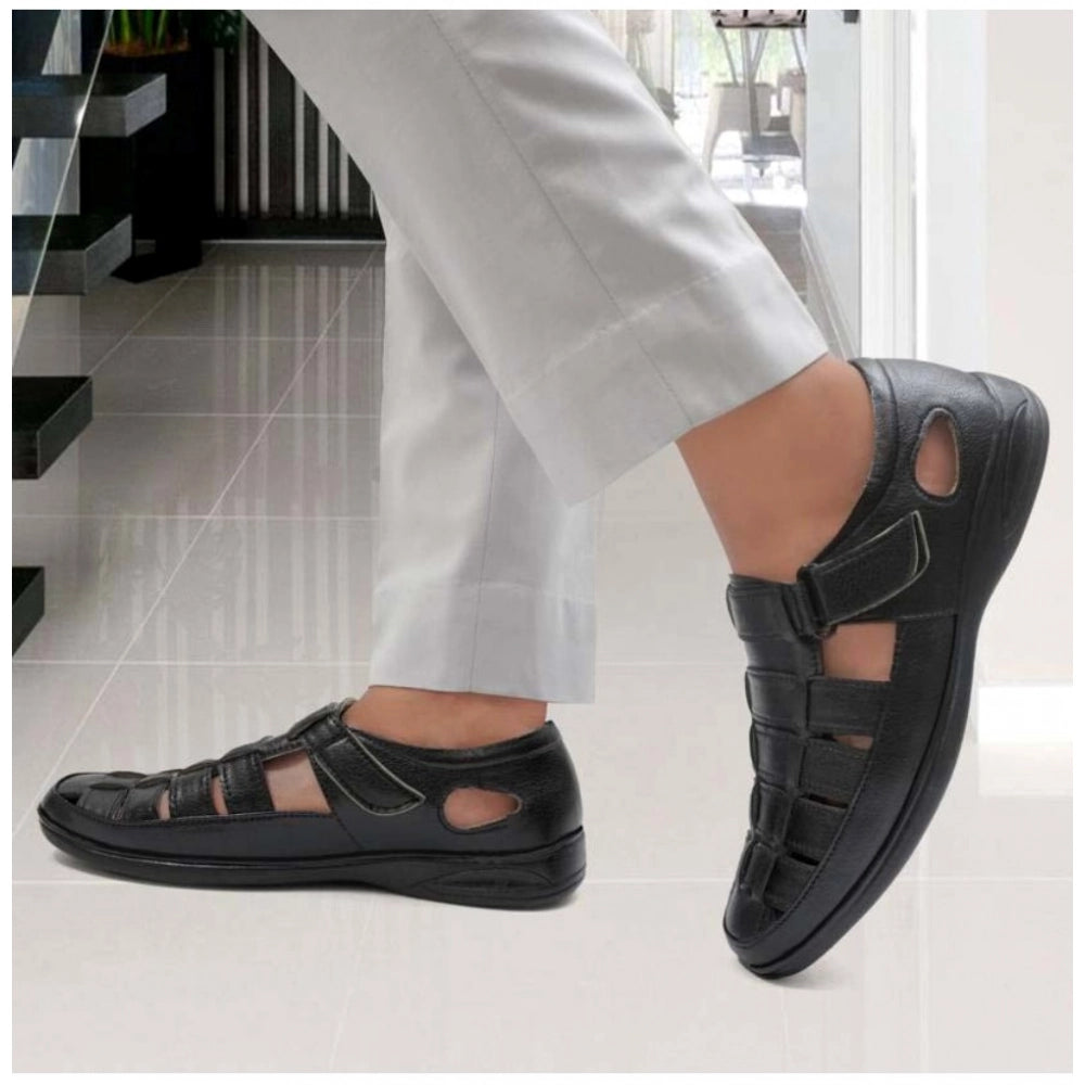 Generic Men's Casual Faux Leather Solid Velcro Sandal (Black) Secondary image